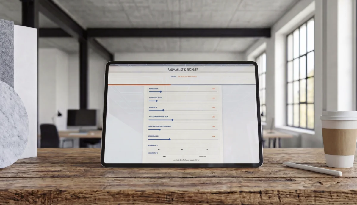 Raumakustik Rechner – Planung auf Tablet mit Akustikabsorbern im Industriebüro